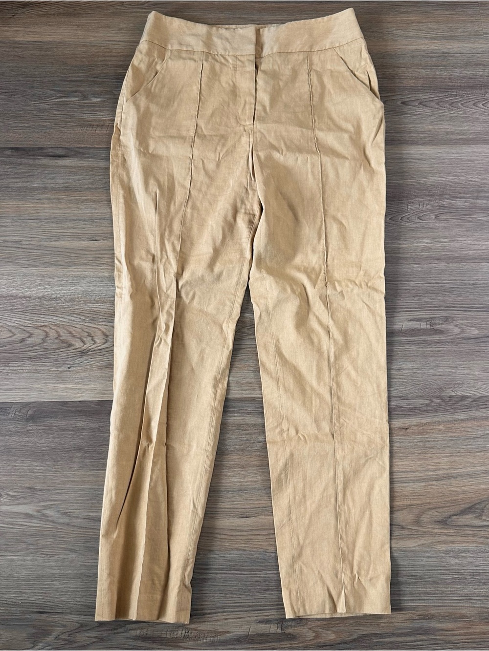 Veronica Beard Cruz Pintuck Pants Linen Stretch High Waist 10 Brown Straight Leg